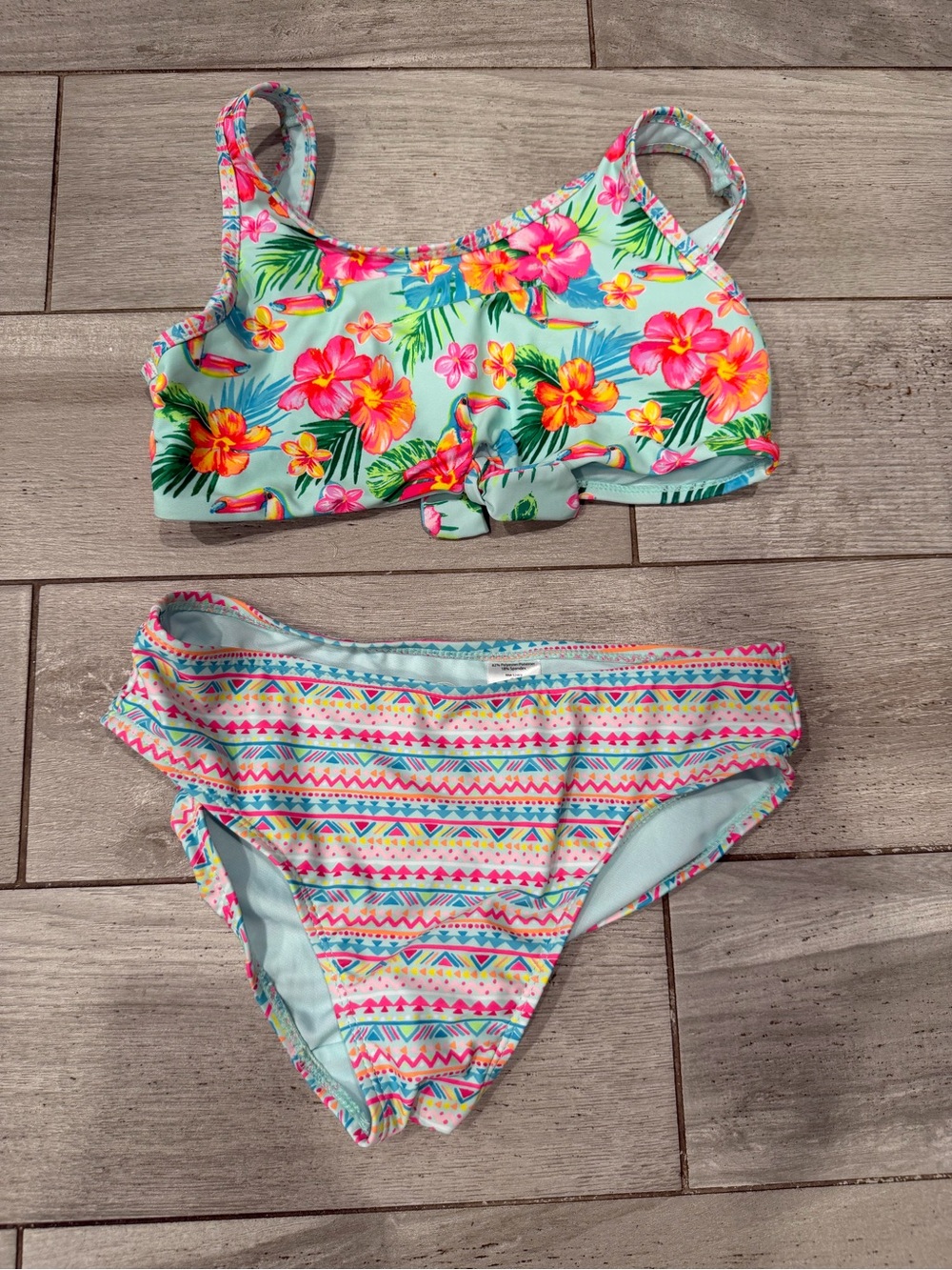 wonder nation Aqua Tropical Floral Bikini Set with Pink and Yellow Flowers